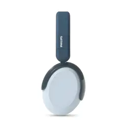 Philips TAK5500RT Bleu, vue latérale replié: écouteur unique avec arceau bleu foncé et logo Philips visible