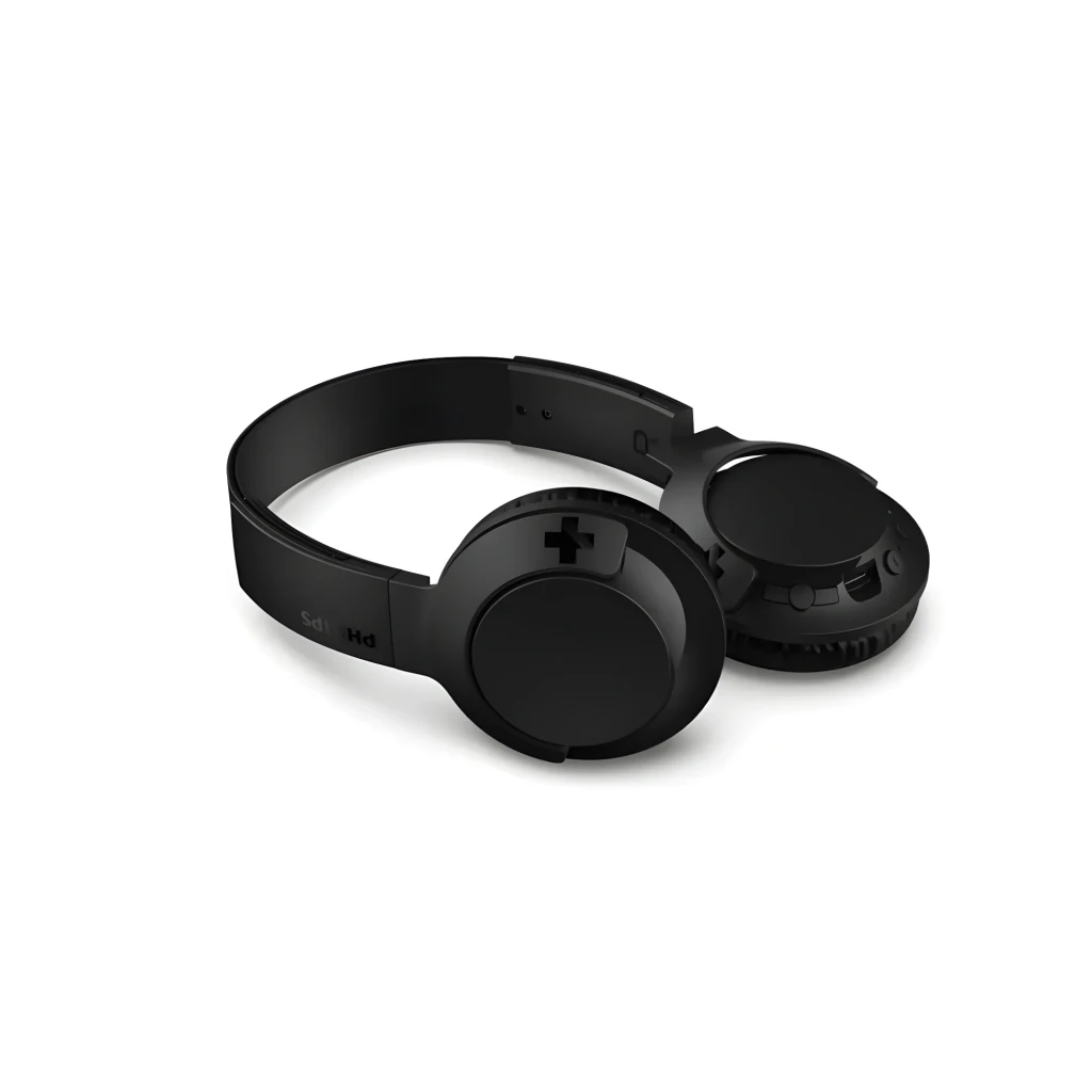 Philips SHB3075 Preto, vista em perspectiva: headband dobrada, controlos no auricular direito e logo Philips visível