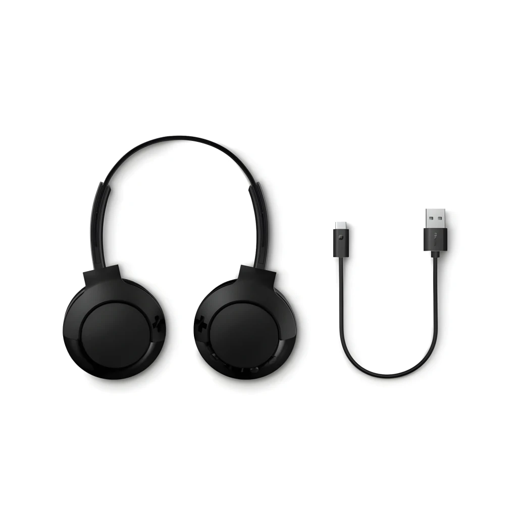 Philips SHB3075 Preto, vista superior: auscultadores on-ear preto com arco e cabo USB-A para USB-C incluído