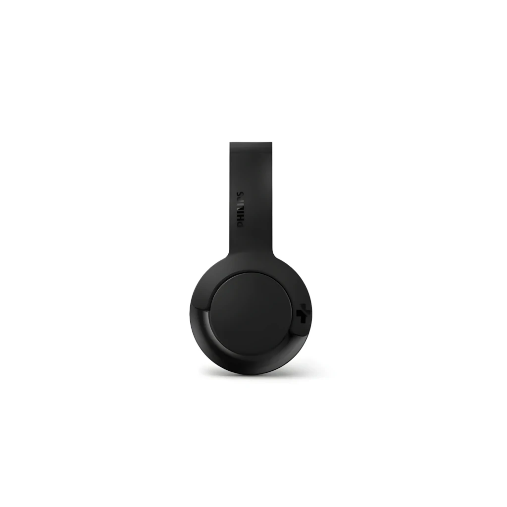 Philips SHB3075 Preto, vista lateral: cápsula circular com botão + e arco com logótipo Philips visível