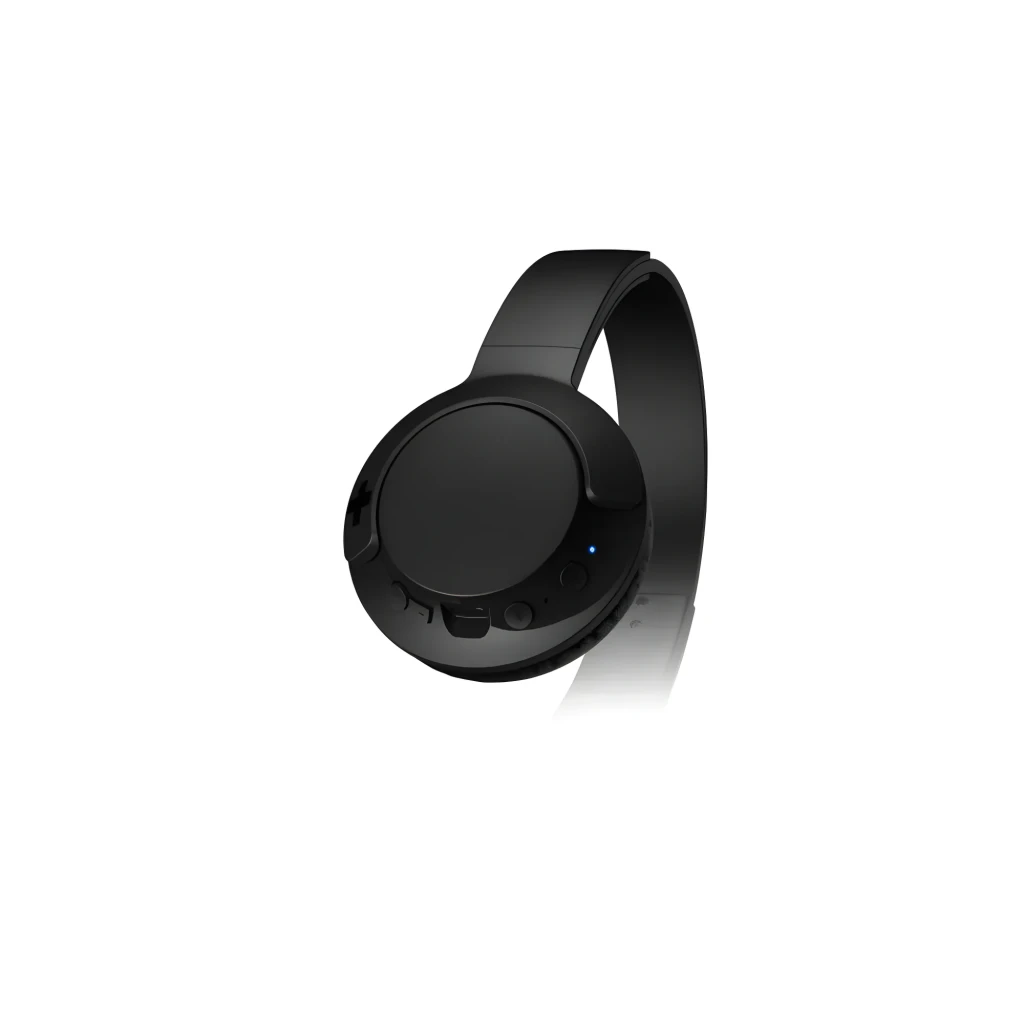 Philips SHB3075 Preto, vista lateral: auricular on-ear com botões de controlo e LED azul visível na concha