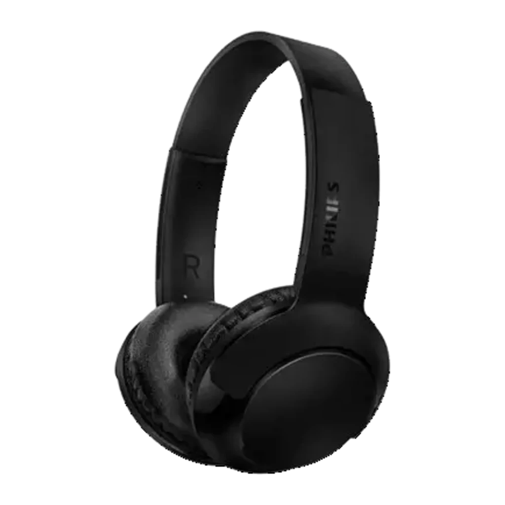 Philips auscultadores sem fio on-ear preto, vista lateral: arco, almofadas acolchoadas e logótipo Philips visíveis