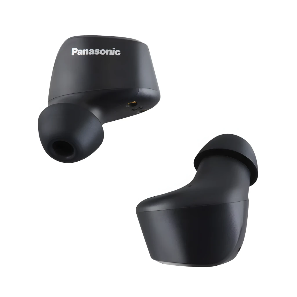 Panasonic RZ-B120W Preto, vista par: dois auriculares TWS pretos, logótipo Panasonic e contactos de carga visíveis