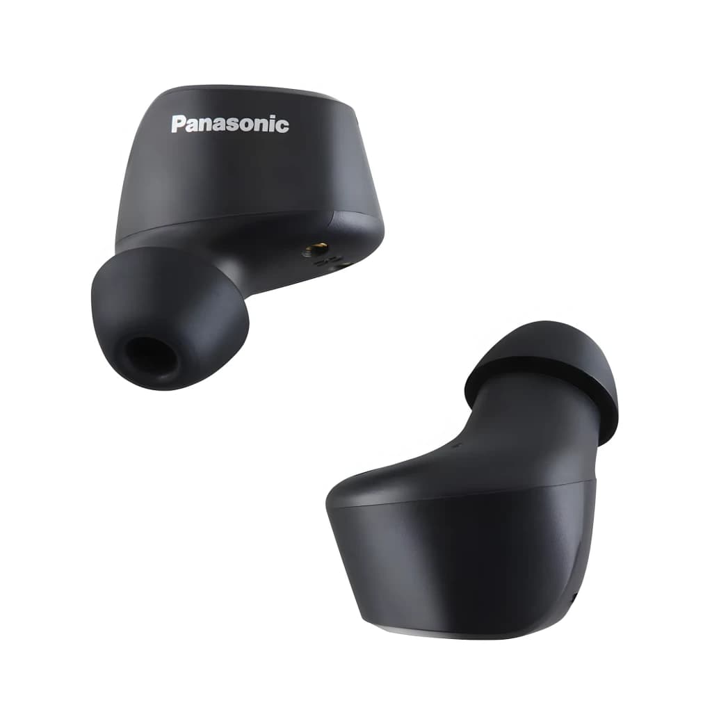 Panasonic RZ-B120W Preto, vista par: dois auriculares TWS pretos, logótipo Panasonic e contactos de carga visíveis