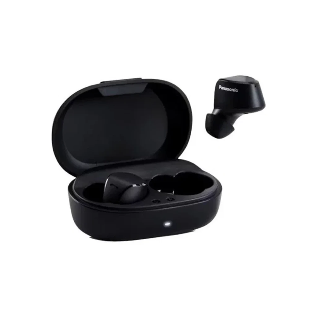Panasonic RZ-B120W TWS preto, vista lateral: estojo aberto com auriculares dentro e um solto com logo Panasonic