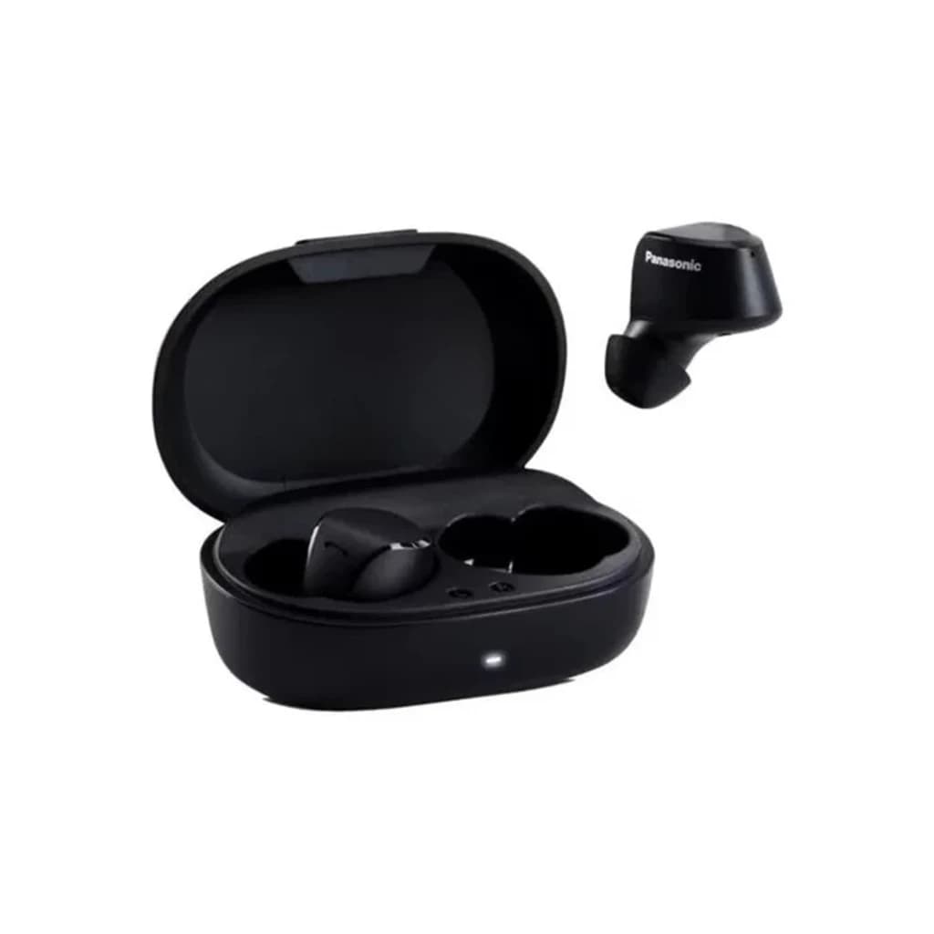 Panasonic RZ-B120W TWS preto, vista lateral: estojo aberto com auriculares dentro e um solto com logo Panasonic