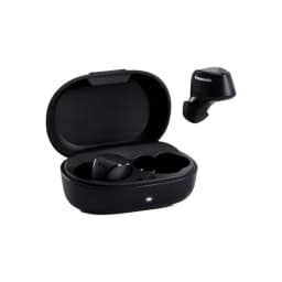 Panasonic RZ-B120W TWS preto, vista lateral: estojo aberto com auriculares dentro e um solto com logo Panasonic