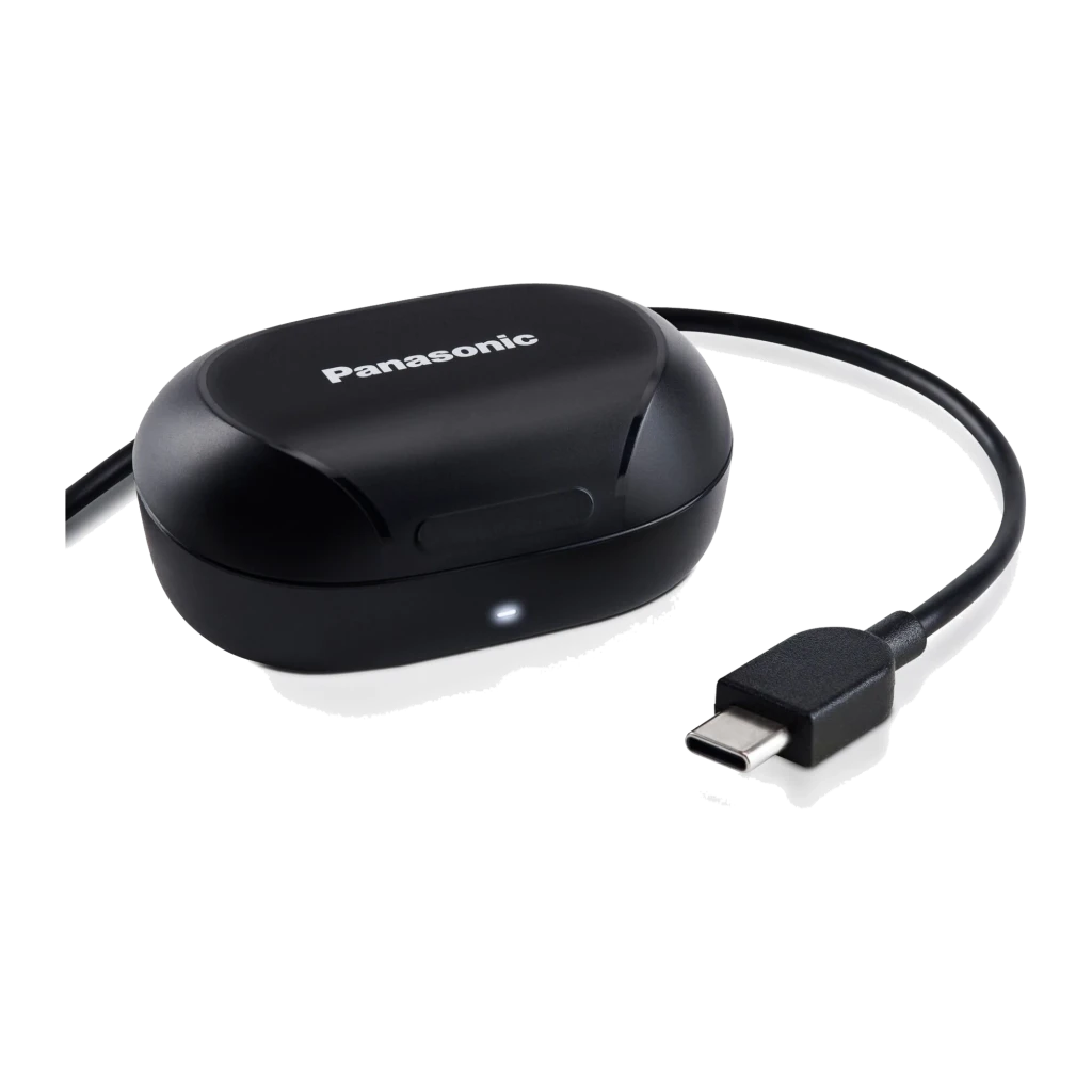 Panasonic RZ-B120W preto, kit de carregamento: estojo fechado com cabo USB Tipo C conectado e LED indicador aceso