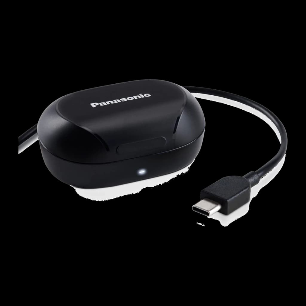 Panasonic RZ-B120W preto, kit de carregamento: estojo fechado com cabo USB Tipo C conectado e LED indicador aceso
