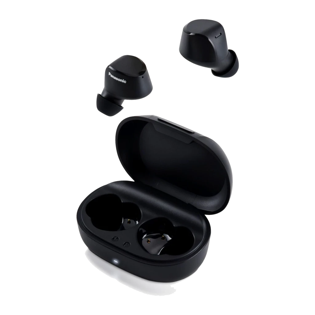 Panasonic RZ-B120W preto, vista explodida: auriculares flutuando sobre estojo aberto, logo Panasonic visível no auricular