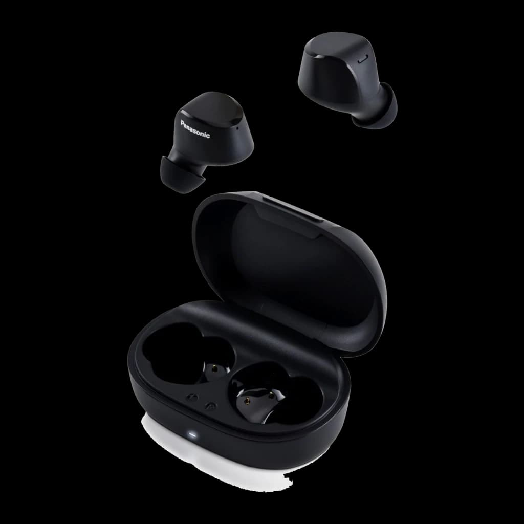 Panasonic RZ-B120W preto, vista explodida: auriculares flutuando sobre estojo aberto, logo Panasonic visível no auricular