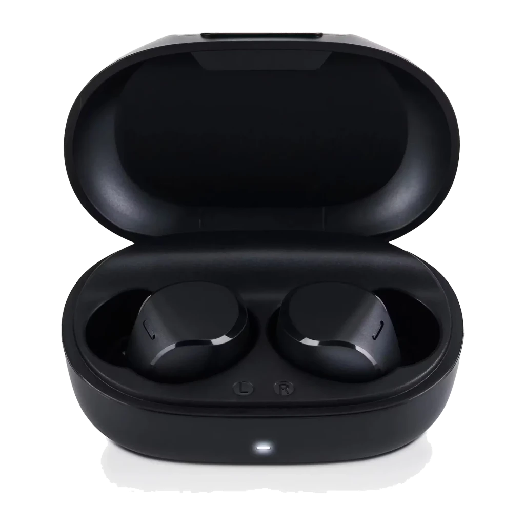 Panasonic RZ-B120W preto, vista frontal: estojo aberto com auriculares dentro, marcas L e R visíveis e LED indicador