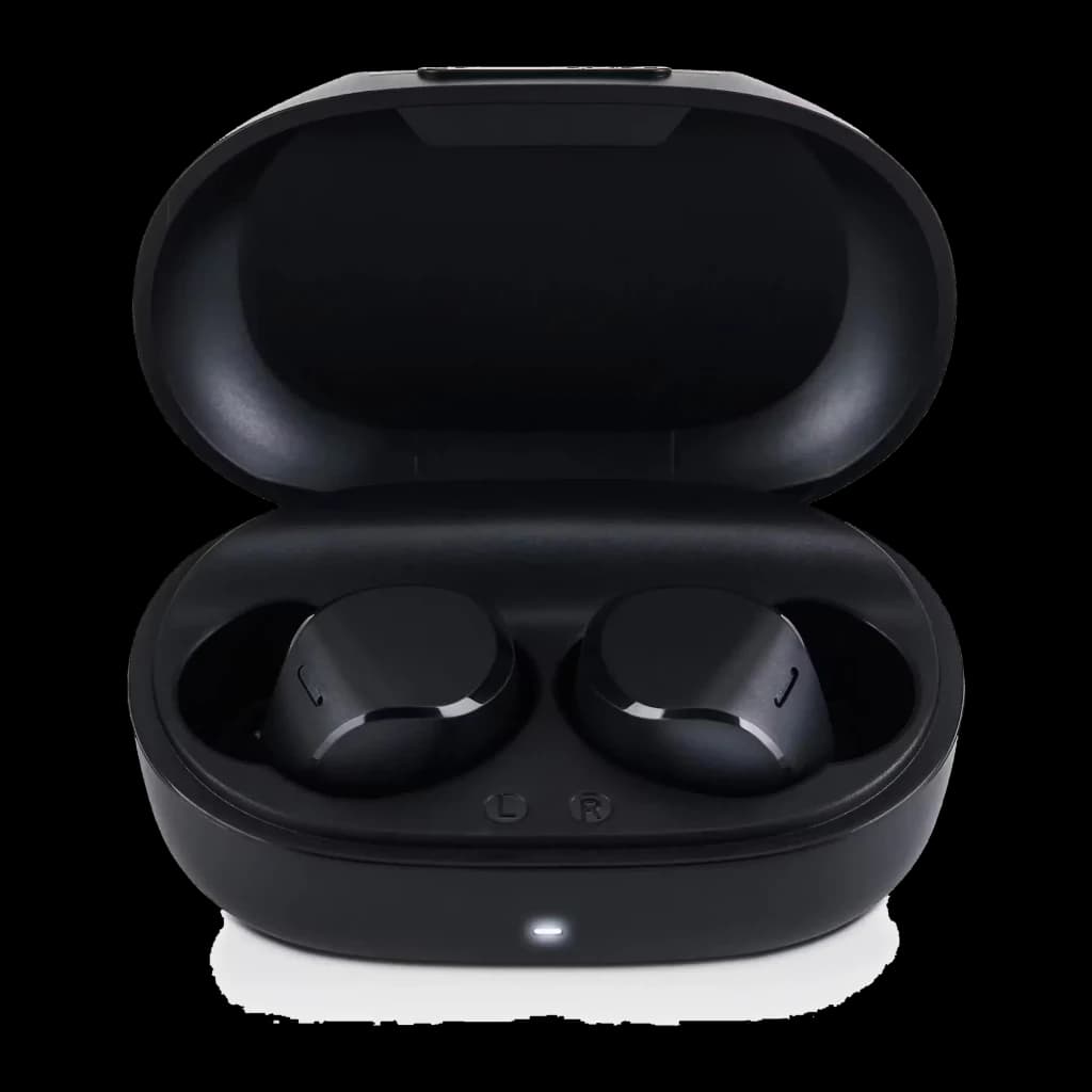 Panasonic RZ-B120W preto, vista frontal: estojo aberto com auriculares dentro, marcas L e R visíveis e LED indicador
