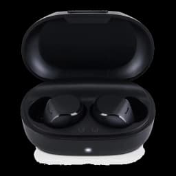 Panasonic RZ-B120W preto, vista frontal: estojo aberto com auriculares dentro, marcas L e R visíveis e LED indicador