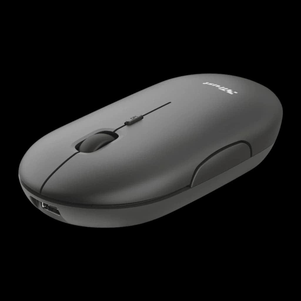 Trust Puck Souris Sans Fil Rechargeable noir, vue supérieure en angle: molette centrale, boutons latéraux et récepteur USB