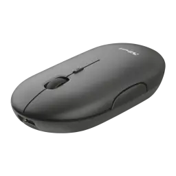 Trust Puck Souris Sans Fil Rechargeable noir, vue supérieure en angle: molette centrale, boutons latéraux et récepteur USB