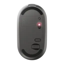 Trust Puck Souris Sans Fil Rechargeable noir, vue inférieure: capteur optique allumé, interrupteur on/off et patins de glisse