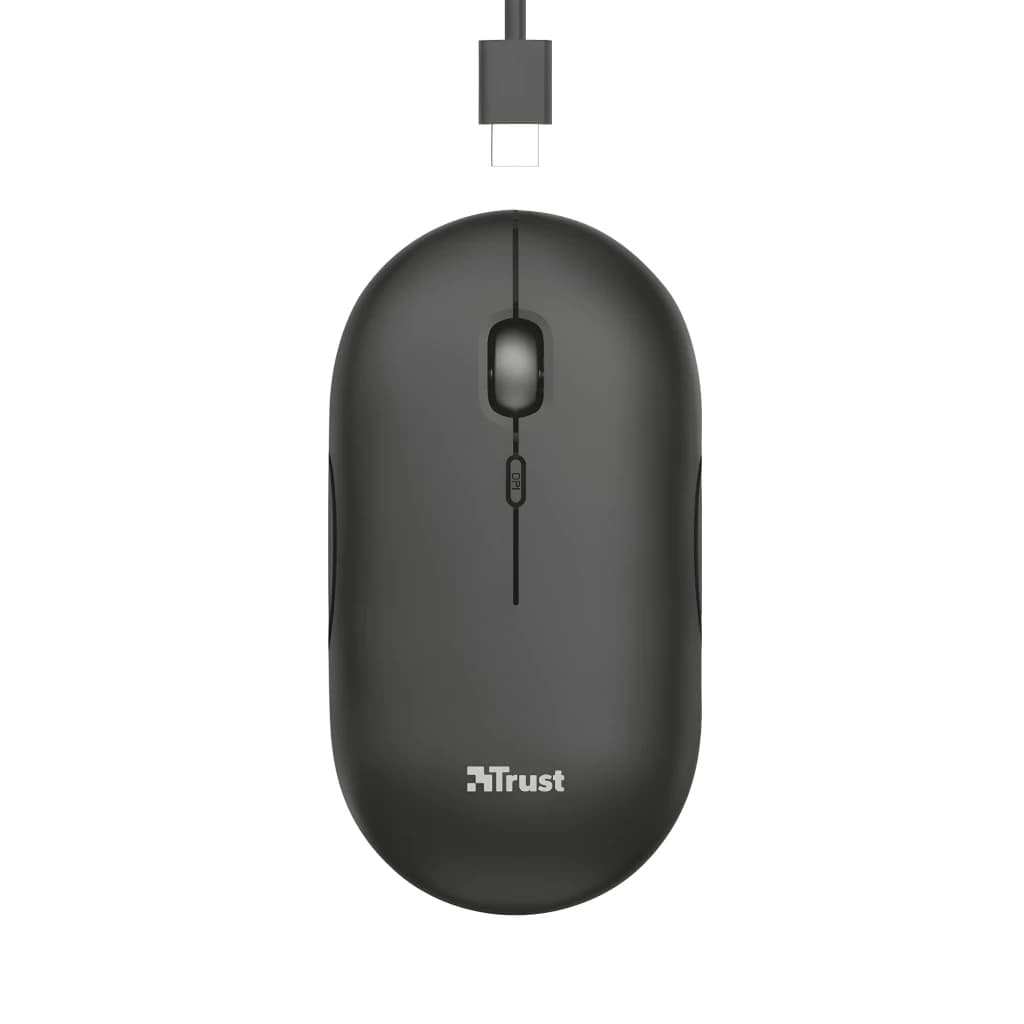Trust Souris Puck Sans Fil Noir, vue du dessus: molette centrale, boutons et câble USB-C de charge connecté