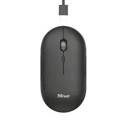 Trust Souris Puck Sans Fil Noir, vue du dessus: molette centrale, boutons et câble USB-C de charge connecté