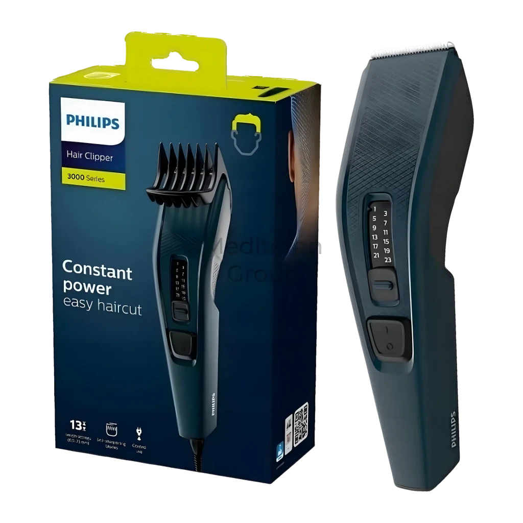 Philips HC3505/15 Series 3000 preto, vista lateral: corta-cabelo com seletor de comprimentos, cabo e pente-guia preto - Item6