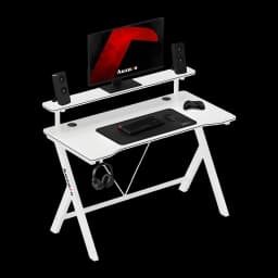 Huzaro Mesa Gaming Hero 1.9 Blanca, vista en perspectiva: estante elevado con monitor y altavoces, patas en X y gancho para