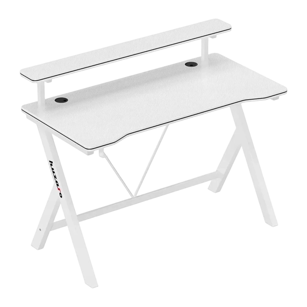 Huzaro Bureau Gaming Hero 1.9 Blanc, vue en perspective: étagère surélevée avec moniteur et enceintes, pieds en X et crochet - Ítem1