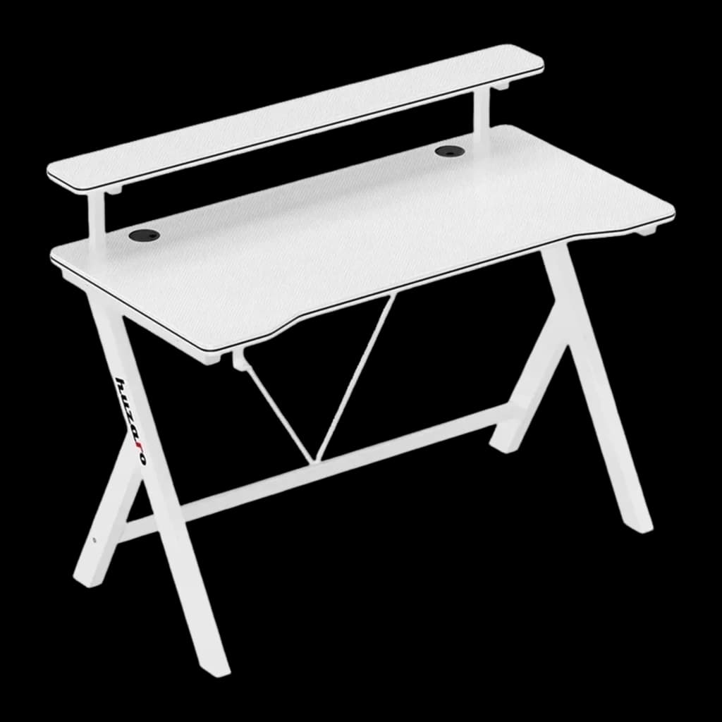 Huzaro Mesa Gaming Hero 1.9 Blanca, vista frontal izquierda: superficie texturizada, estante elevado y patas en X con logo