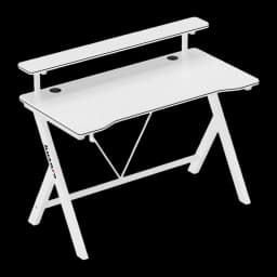 Huzaro Mesa Gaming Hero 1.9 Blanca, vista frontal izquierda: superficie texturizada, estante elevado y patas en X con logo