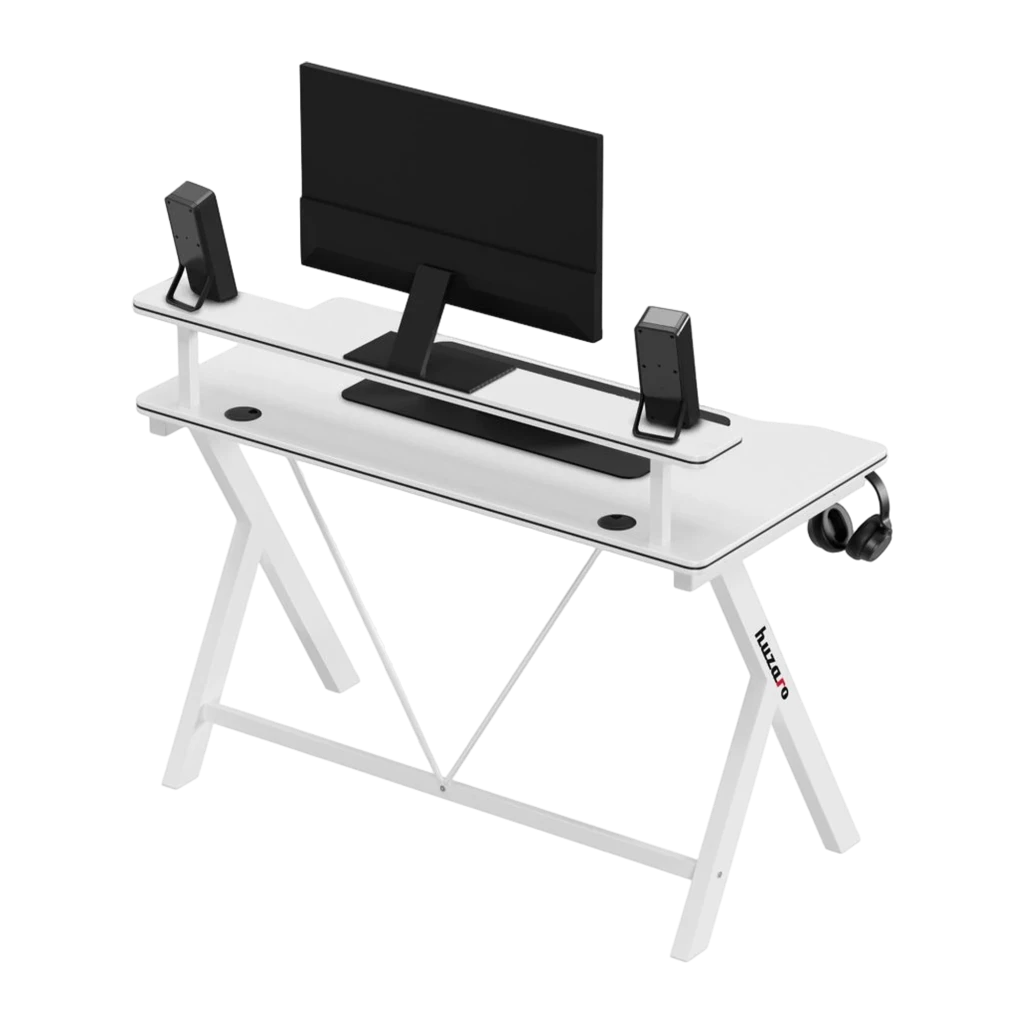 Huzaro Bureau Gaming Hero 1.9 Blanc, vue en perspective: étagère surélevée avec moniteur et enceintes, pieds en X et crochet - Ítem2