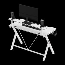 Huzaro Mesa Gaming Hero 1.9 Blanca, vista con accesorios: monitor, altavoces y auriculares sobre estante y gancho lateral