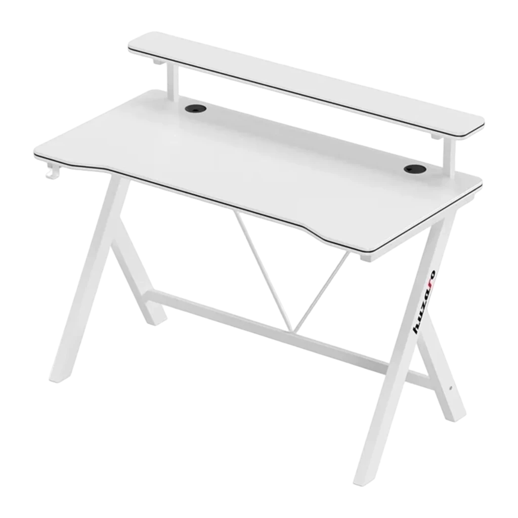 Huzaro Bureau Gaming Hero 1.9 Blanc, vue en perspective: étagère surélevée avec moniteur et enceintes, pieds en X et crochet - Ítem3