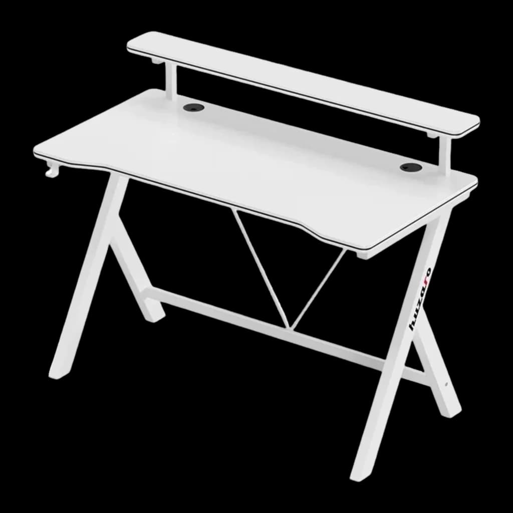 Huzaro Mesa Gaming Hero 1.9 Blanca, vista frontal derecha: tablero liso, estante elevado con pasacables y estructura en X