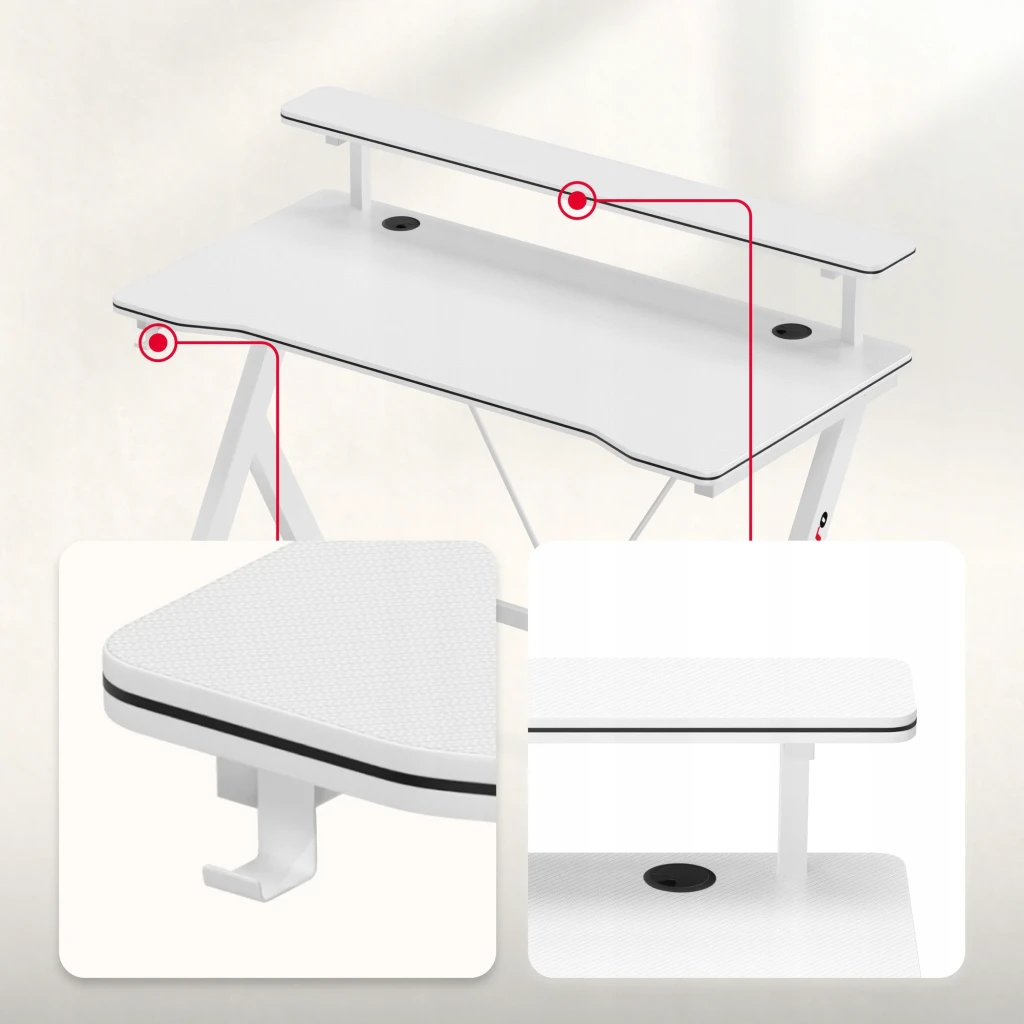 Huzaro Bureau Gaming Hero 1.9 Blanc, vue en perspective: étagère surélevée avec moniteur et enceintes, pieds en X et crochet - Ítem4