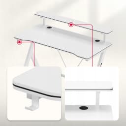 Huzaro Mesa Gaming Hero 1.9 Blanca, detalles: superficie texturizada, borde negro, pasacables y estante elevador