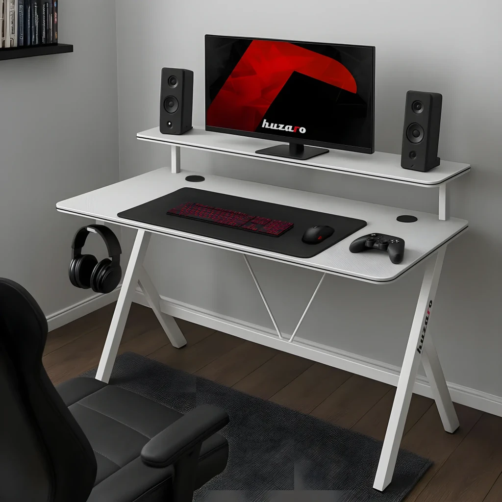 Huzaro Bureau Gaming Hero 1.9 Blanc, vue en perspective: étagère surélevée avec moniteur et enceintes, pieds en X et crochet - Ítem5