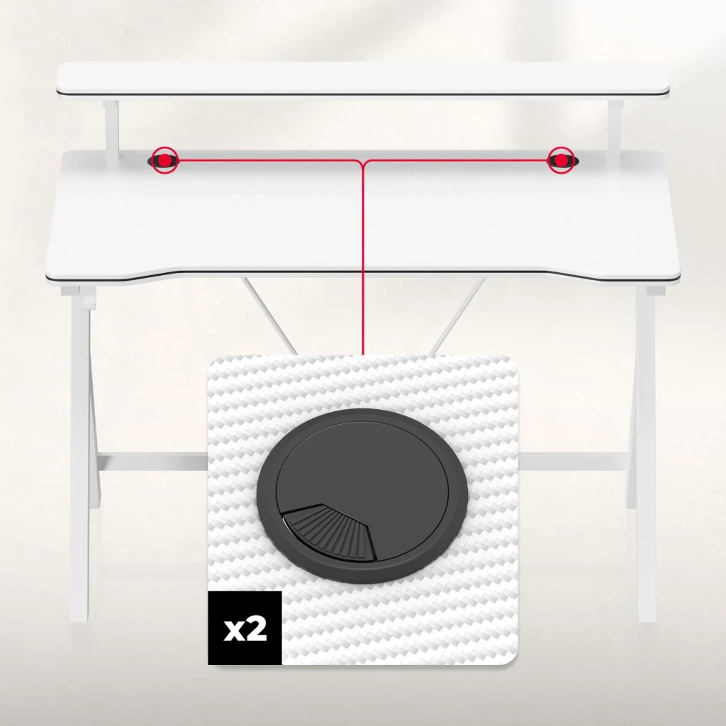 Huzaro Bureau Gaming Hero 1.9 Blanc, vue en perspective: étagère surélevée avec moniteur et enceintes, pieds en X et crochet - Ítem6