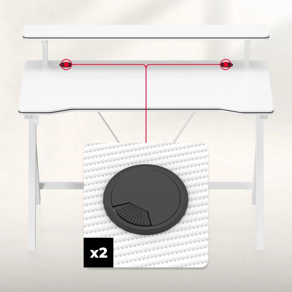 Huzaro Mesa Gaming Hero 1.9 Blanca, detalle: 2 pasacables negros integrados en la superficie señalados con líneas rojas