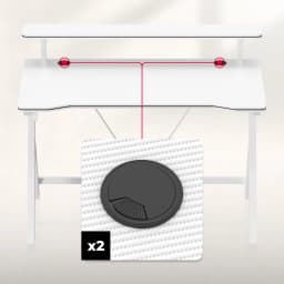 Huzaro Mesa Gaming Hero 1.9 Blanca, detalle: 2 pasacables negros integrados en la superficie señalados con líneas rojas