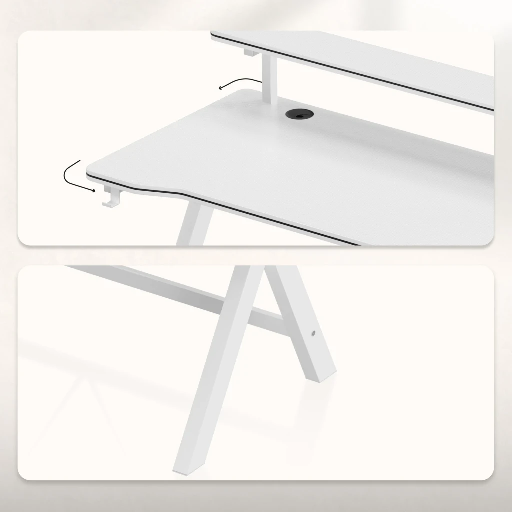 Huzaro Bureau Gaming Hero 1.9 Blanc, vue en perspective: étagère surélevée avec moniteur et enceintes, pieds en X et crochet - Ítem7