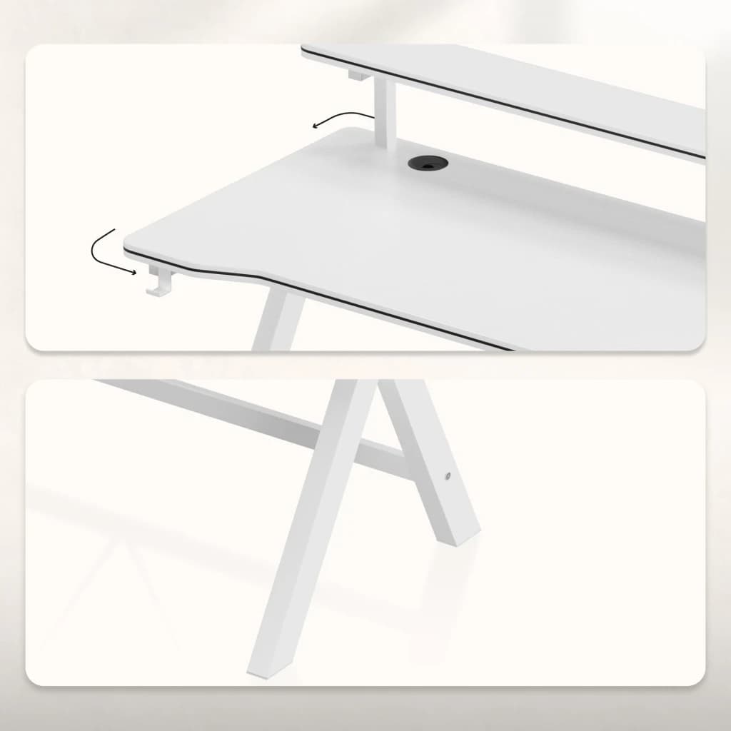 Huzaro Mesa Gaming Hero 1.9 Blanca, detalle: superficie con borde negro, pasacables y pata en A metálica blanca