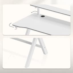 Huzaro Mesa Gaming Hero 1.9 Blanca, detalle: superficie con borde negro, pasacables y pata en A metálica blanca