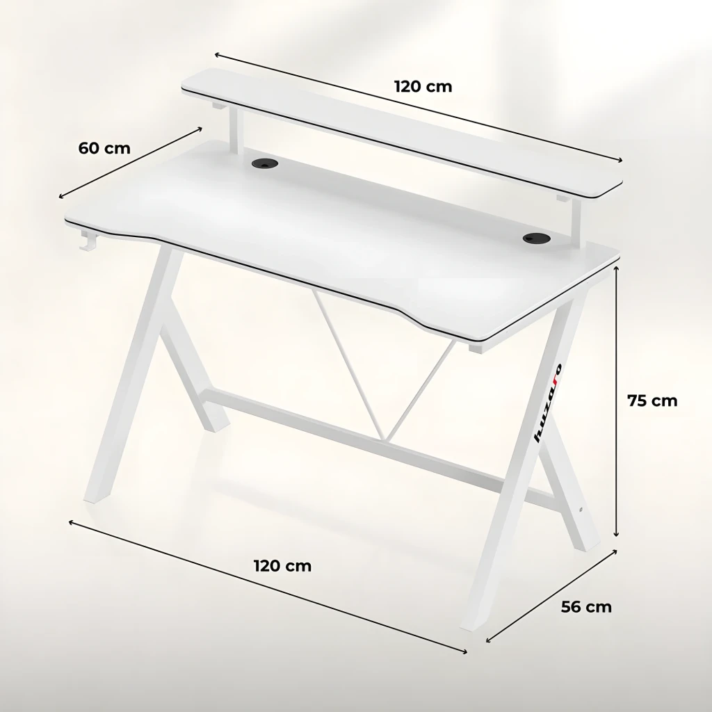 Huzaro Bureau Gaming Hero 1.9 Blanc, vue en perspective: étagère surélevée avec moniteur et enceintes, pieds en X et crochet - Ítem8