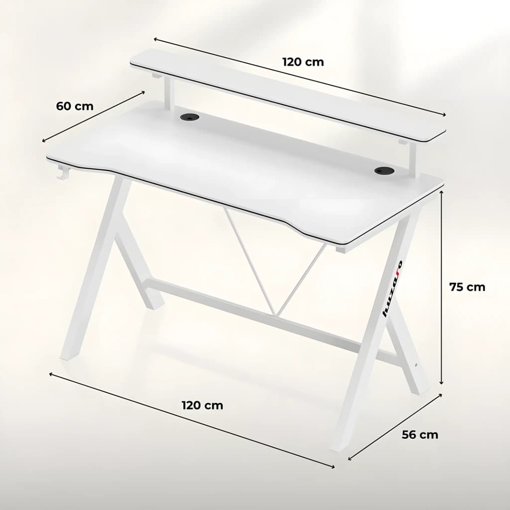 Huzaro Mesa Gaming Hero 1.9 Blanca, vista con cotas: dimensiones 120x60x75 cm, estante elevado y patas en K blancas