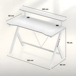 Huzaro Mesa Gaming Hero 1.9 Blanca, vista con cotas: dimensiones 120x60x75 cm, estante elevado y patas en K blancas