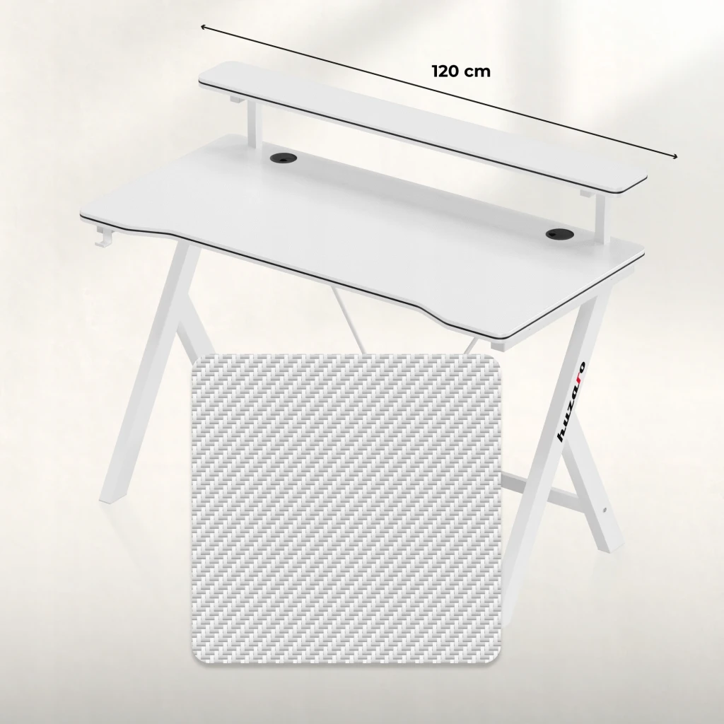 Huzaro Bureau Gaming Hero 1.9 Blanc, vue en perspective: étagère surélevée avec moniteur et enceintes, pieds en X et crochet - Ítem9