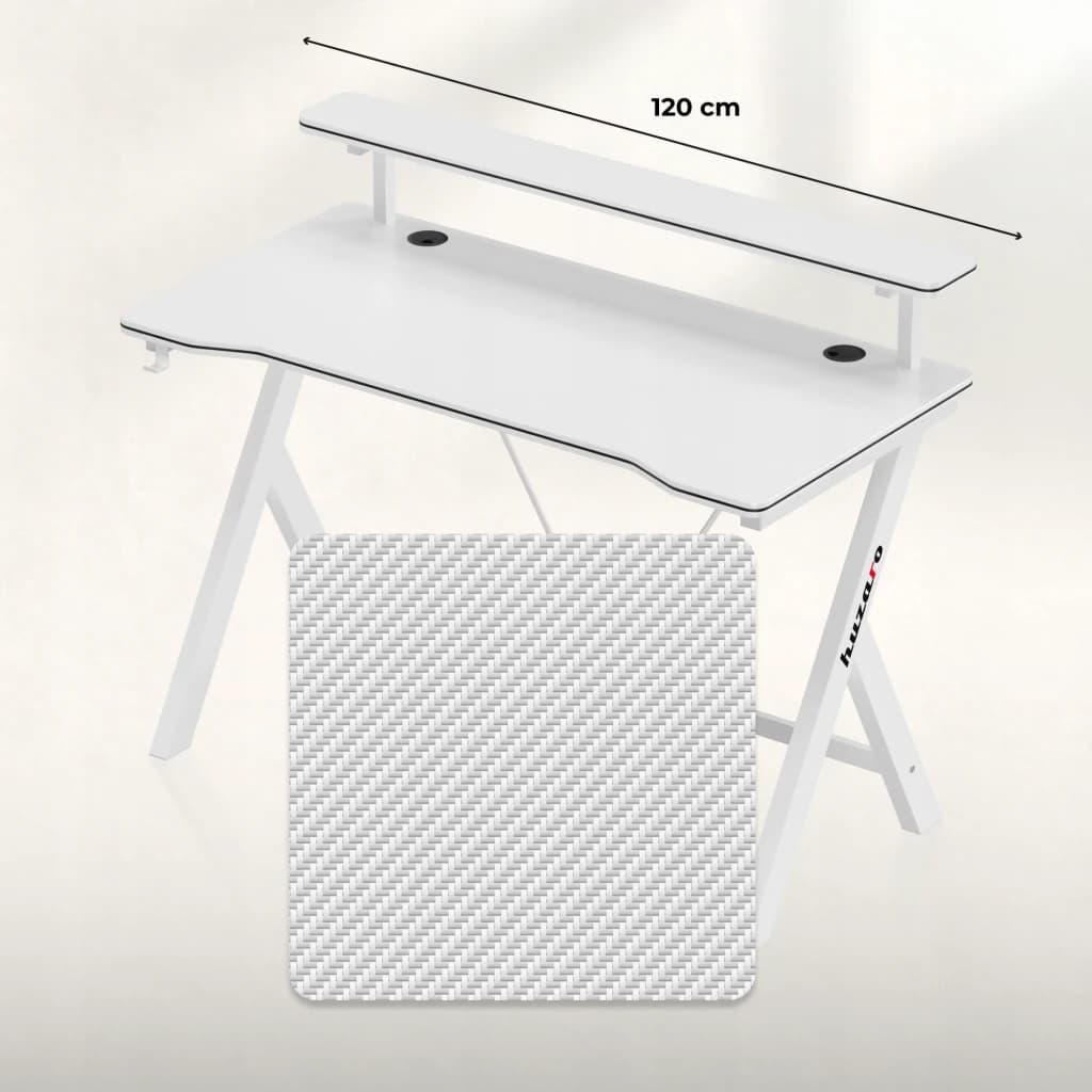 Huzaro Mesa Gaming Hero 1.9 Blanca, medidas: vista lateral con ancho 120 cm, estante superior y detalle textura carbono