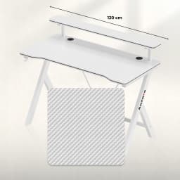 Huzaro Mesa Gaming Hero 1.9 Blanca, medidas: vista lateral con ancho 120 cm, estante superior y detalle textura carbono
