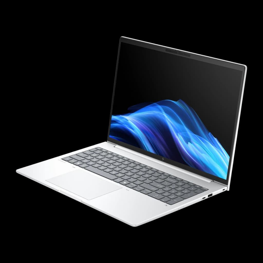 HP EliteBook 8 G1i 16" 512GB argent, vue latérale droite en angle: couvercle argenté ouvert et ports latéraux visibles