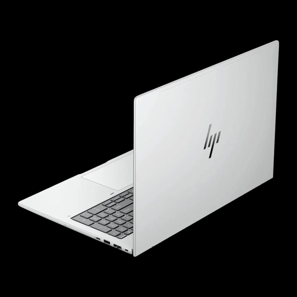 HP EliteBook 8 G1i 16" 512GB argent, vue arrière en angle: couvercle argenté avec logo HP gravé et charnières visibles