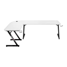Huzaro Mesa Gaming Hero 7.0 Blanco, vista lateral: superficie en L blanca, patas negras en Z, gancho y gestión de cables